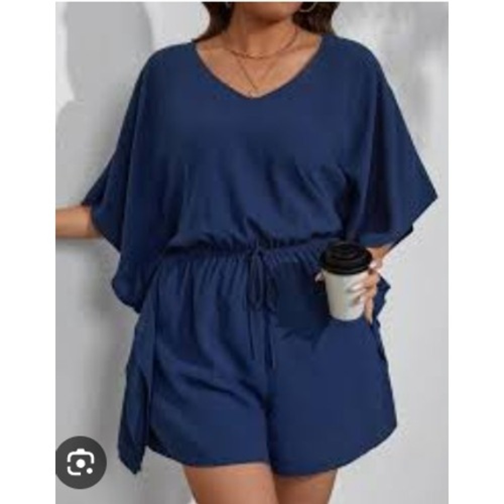 Navy Blue Classic Plus Size Romper‎ Drawstring Waist Flattering Fit 3XL